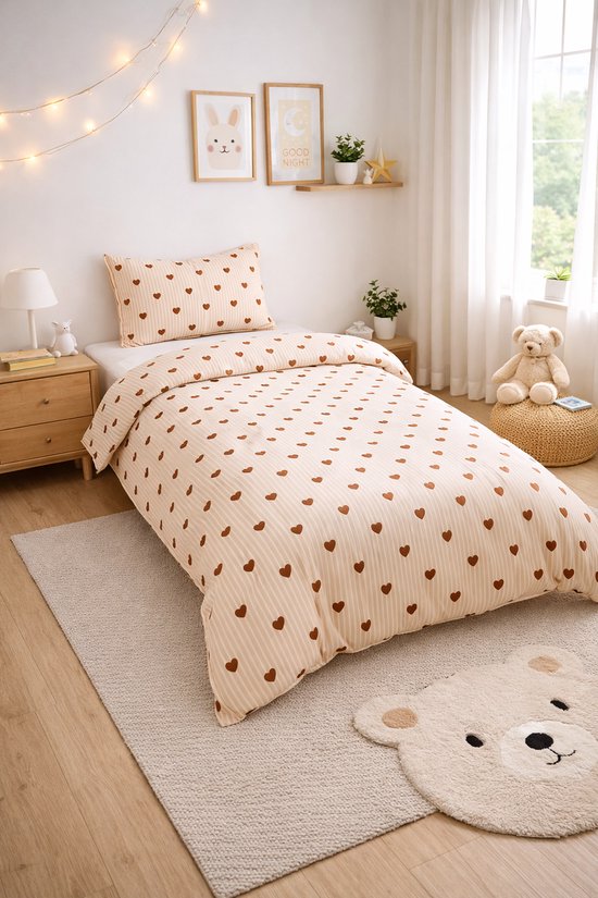 Vavida Dekbedovertrek - Eenpersoons - 140 x 200 - Beige - Lichtroze - Gestreept - Meisjeskamer - Meisje