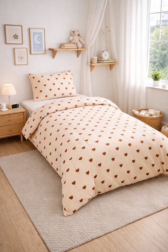 Vavida Dekbedovertrek - Eenpersoons - 140 x 200 - Beige - Lichtroze - Gestreept - Meisjeskamer - Meisje