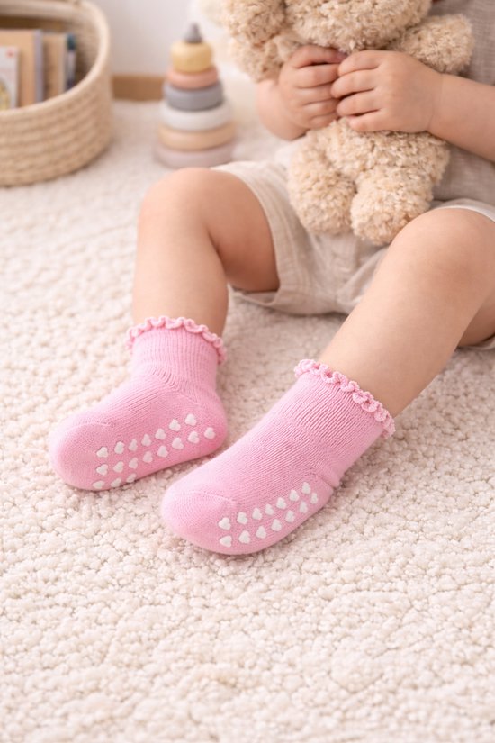 Vavida Anti Slip Sokken 1-3 Jaar - 5 Paar Peuter Sokken met Hartjes Grip - Antislip Sokken Baby - Roze - Lila - Wit