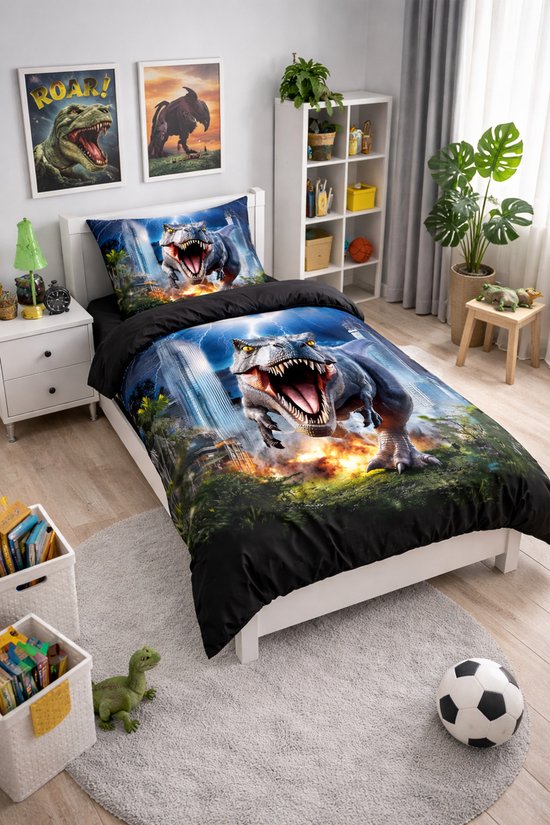 Vavida Dekbedovertrek - Eenpersoons 140 x 200 - Dinosaurus - Spannend - Jongenskamer - Jongens - Dino