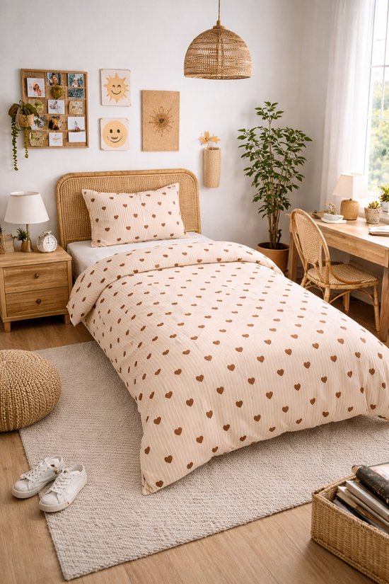 Vavida Dekbedovertrek - Eenpersoons - 140 x 200 - Beige - Lichtroze - Gestreept - Meisjeskamer - Meisje
