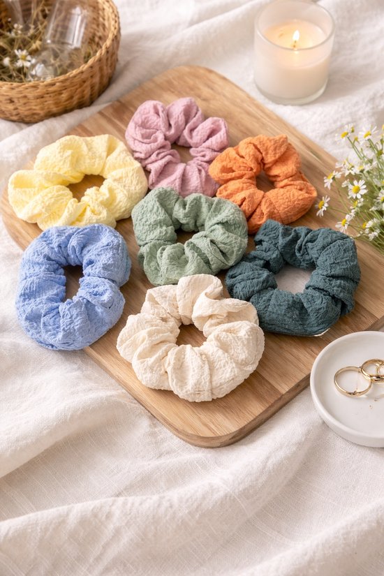 Set 7 Scrunchies - Pastelkleuren - Geel - Roze - Blauw - Groen - Oranje - Beige - Petrol - Zacht