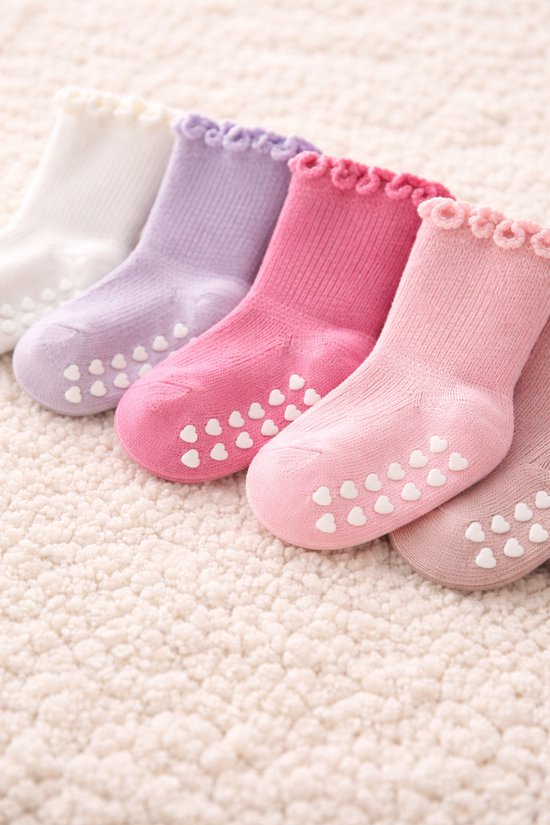Vavida Anti Slip Sokken 1-3 Jaar - 5 Paar Peuter Sokken met Hartjes Grip - Antislip Sokken Baby - Roze - Lila - Wit