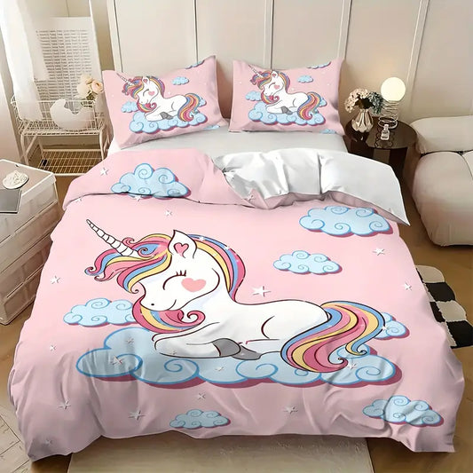 Eenpersoons Dekbedovertrek 140 x 200 - Unicorn - Wolkjes