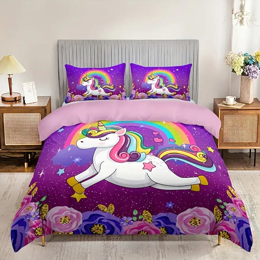 Eenpersoons Dekbedovertrek 140 x 200 - Unicorn - Paars