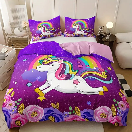 Eenpersoons Dekbedovertrek 140 x 200 - Unicorn - Paars